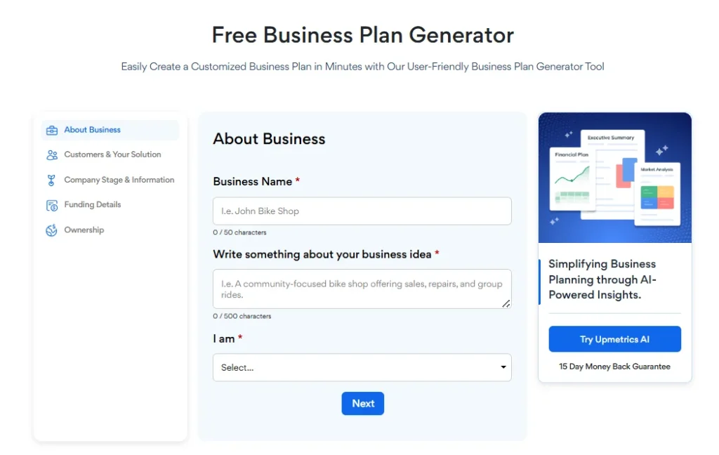 Upmetric - AI business plan generators