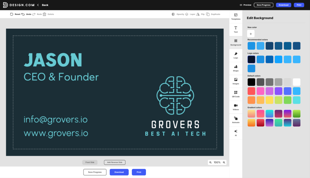Grovers AI tech business card.